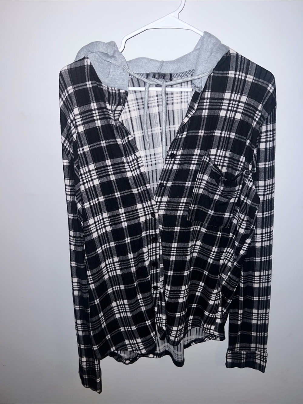 Women's Black & White Plaid Hooded Button-Down Shirt